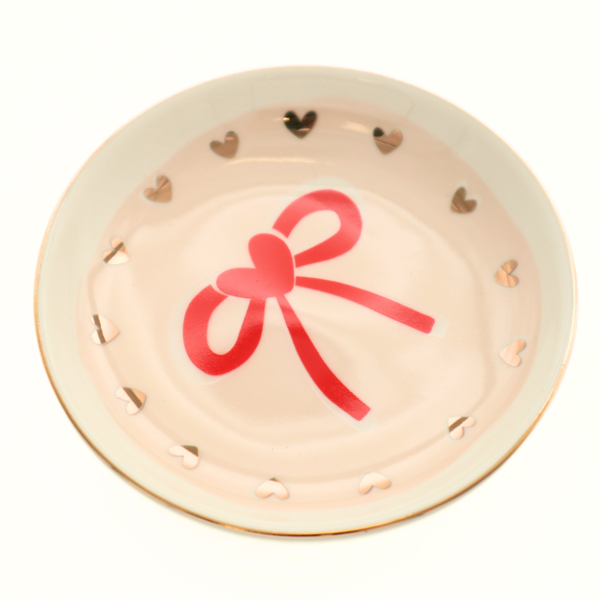 Round Trinket Tray Red Bow Gold Heart